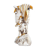 Resin horse figurine with rider, side view, white coat with gold accents on base