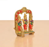 Brass Ram Darbar Idol angled view with red arch and three multicolor figures