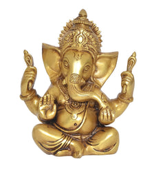 Brass Lord Ganesha idol, front view: seated form with ornate crown and trunk, 6 in