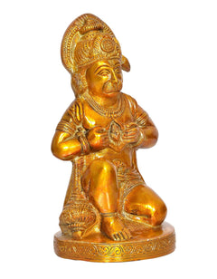 Brass Hanuman Ji seated idol, profile view, ornate crown and chest details