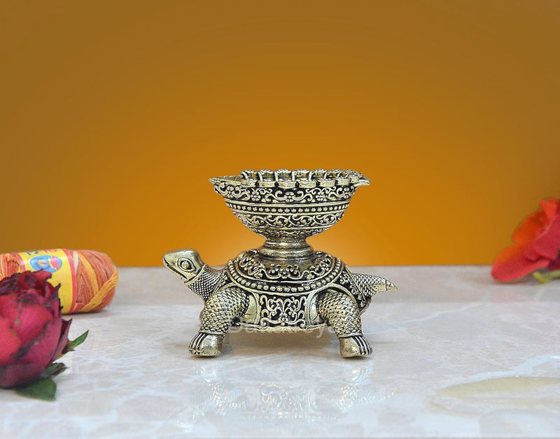 Bronze Tortoise with Oil Lamp Diya Statue Pooja Mandir Home Decor Decorative & Gift Item (Height: 2.5 Inch)