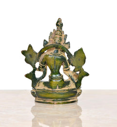 Brass Tara Devi statue, back/side view: seated goddess with crown and halo details