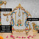 Brass Ganesha swing idol: multicolor arched frame with hanging bells, 14 inch height