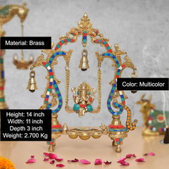 Brass Ganesha swing idol: multicolor arched frame with hanging bells, 14 inch height