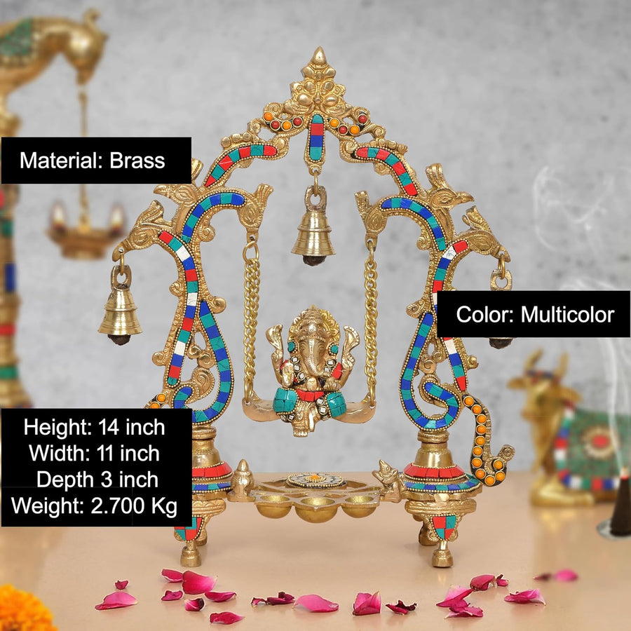 Brass Ganesha Playing On Swing Idol (Height 14 Inch) Craft Detail