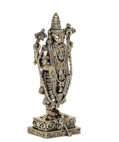 Three-quarter view brass Tirupati Bala Ji idol statue with textured ornaments and crown