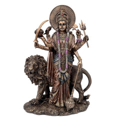 Resin Durga with lion idol, multicolored necklace, round halo, standing pose