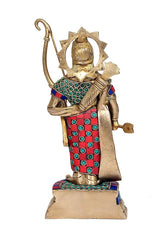 Back/side view of brass Ram murti with multicolor cloth pattern, holding bow, conch.