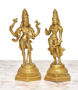 Brass Standing Shiv Parvati statue pair, full front view on square bases