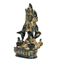 Tara Devi brass goddess idol, side view, seated with hand gestures, dark green and gold