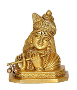 Idol Krishna statue, gold finish face with ornate crown and flute, front view
