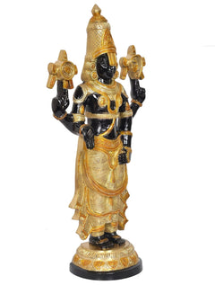 Tirupati Bala Ji brass figurine, rear-side view with gold detailing and black hands
