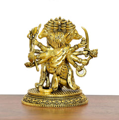 Golden brass Panchmukhi Hanuman statue, rear/side view, multiple faces and holding weapons