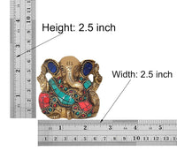 Brass Ganesha idol height 2.5 inch and width 2.5 inch, jeweled blue, turquoise, red design