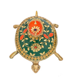 Brass tortoise figurine, top-back view with red center medallion and green shell details
