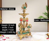 Brass peacock oil lamp stand with multicolor inlay and 12-inch height