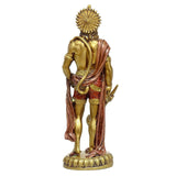 Rear view of Hanuman resin sculpture, maroon robe draped over gold body