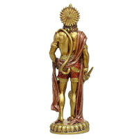 Rear view of Hanuman resin sculpture, maroon robe draped over gold body