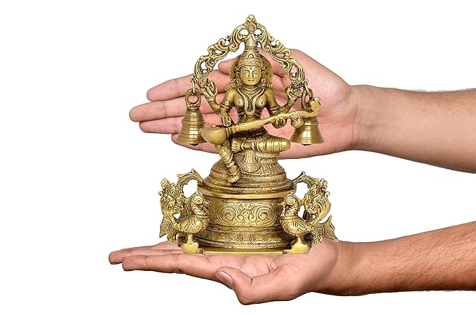 Brass Goddess Saraswati Sitting On Swan Devi of Study Maa Saraswati (Height: 8 Inch)