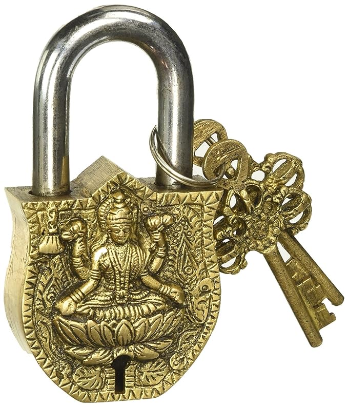 Antique gold padlock with embossed Lakshmi goddess and silver U-shaped shackle, two keys