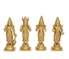 Gold brass Navgraha deity statues of four standing figures, detailed poses