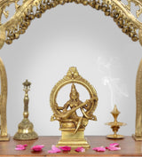 Brass Maa Saraswati statue, seated with veena and halo arch, 6 in pooja decor