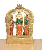 Rear view of Ram Darbar brass idol with arched frame and colorful painted figures