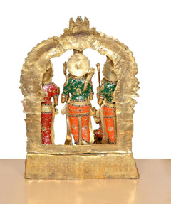 Rear view of Ram Darbar brass idol with arched frame and colorful painted figures