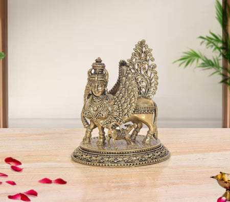 Superfine Brass Kamadhenu Cow with Calf and Wings Idol (Height 4.5 Inch)