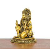 Golden Hanuman JI brass statue, seated pose with palms together and patterned base