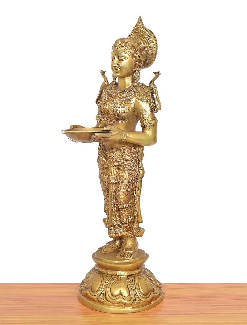 Brass Standing Deep Lakshmi with Oil Lamp Idol (Height: 30 Inch)