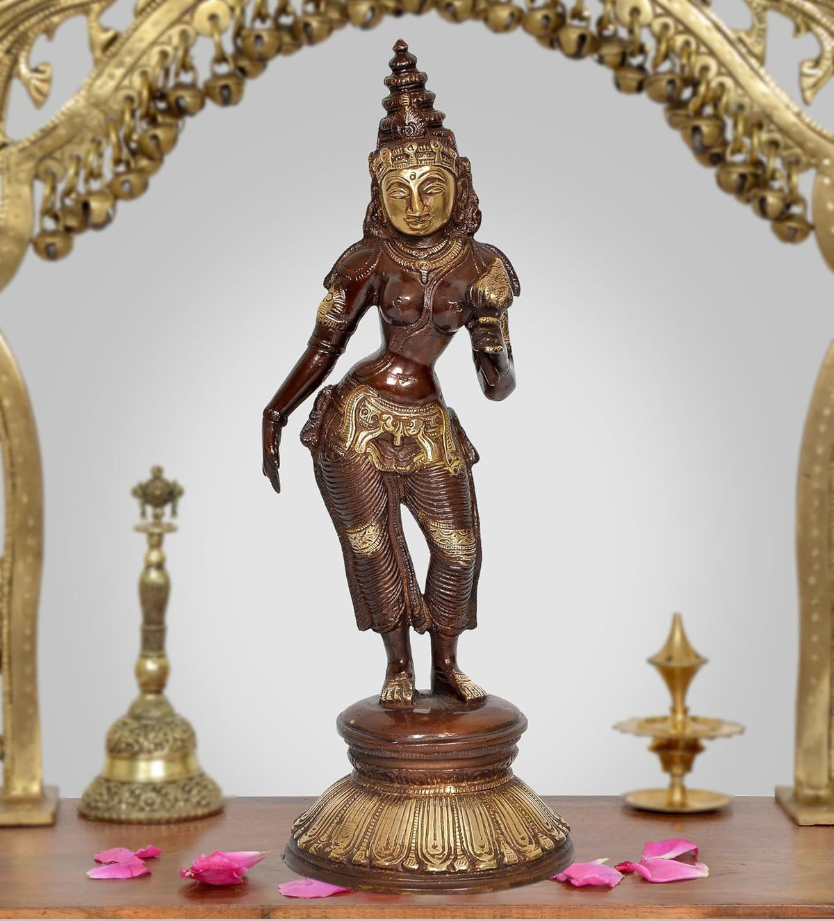 Brass Parvati goddess idol statue, full figure standing on ornate base