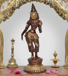 Brass Parvati goddess idol statue, full figure standing on ornate base