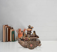 Steampunk-Gondola-Statue aus Harz, braun, Messingornamente und rotes Laternen-Set