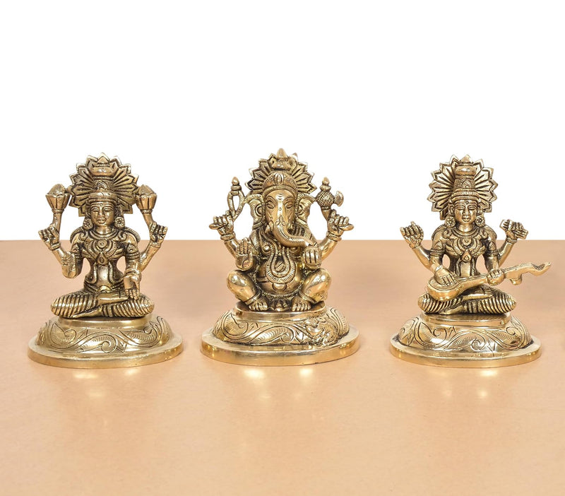 Brass Lakshmi Ganesha Saraswati Idol (Height:5 Inch)