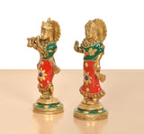 Brass Radha Krishna idol set, opposite side view, raised hands, multicolor attire, 5.5 in
