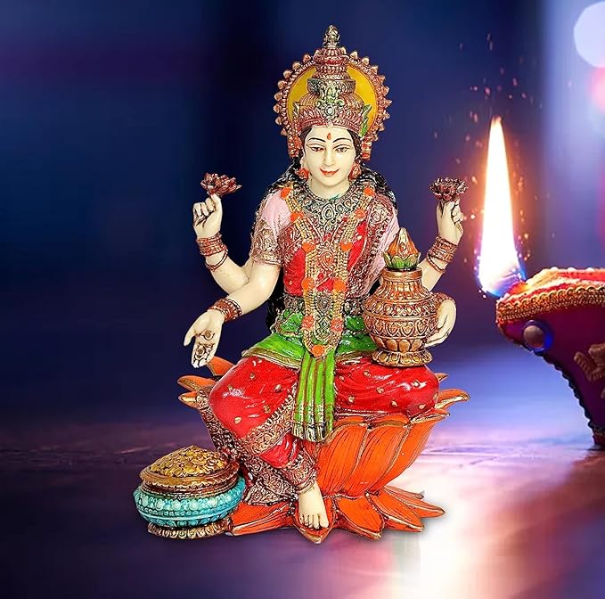 Polyrein Lakshmi Statue Idol On Lotus for Home Decor for Diwali | Height : 7 Inches (Orange)