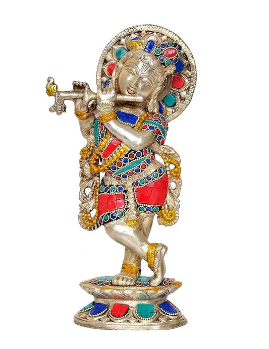 Brass Lord Krishna Idol Figurine Sculpture Playing Flute Statue Multicolor Decorative Showpiece, (Height 17 Inch)