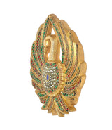 Brass peacock wall hanging angled view with colorful beadwork and bell motif