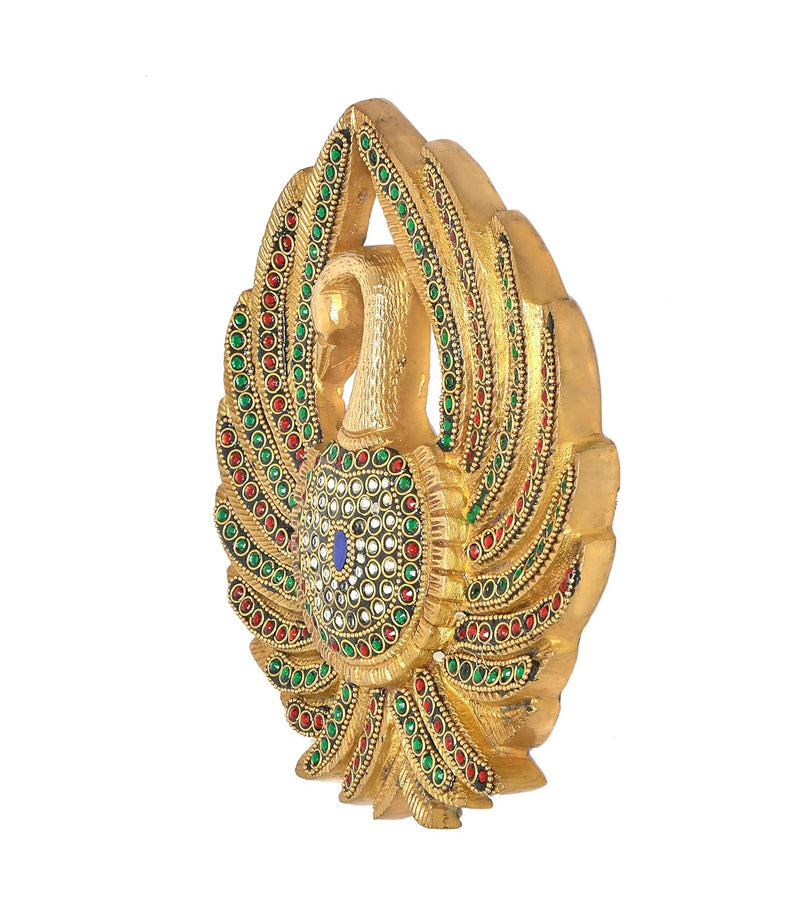 Brass peacock wall hanging angled view with colorful beadwork and bell motif