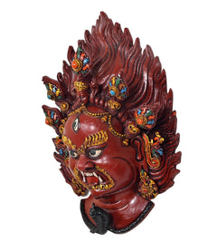 Resin Mahakal wall mask profile view, red face with jeweled accents and flame crown