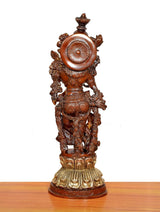 Brass Radha murti, back view with large circular halo disc and intricate rear carvings