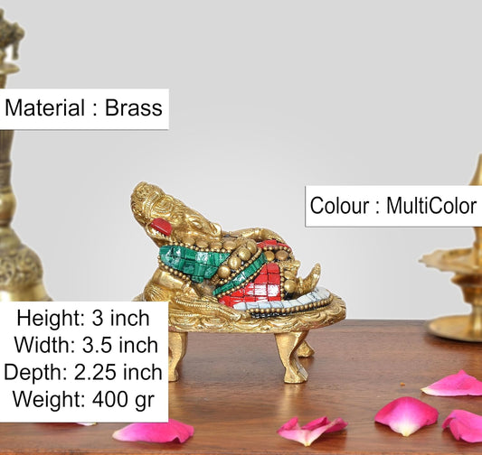 Brass Relaxing Ganesha Statue (Height :3 inch) (Multicolor a)