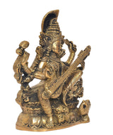 Seated Maa Saraswati brass statue with veena, side view showing layered ornaments
