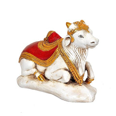 Nandi polyresin statue, red cape-like saddle with gold trim, 7.5 in