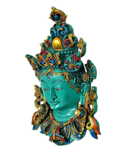 Green Tara wall hanging mask statue, angled head with gold ornaments and multicolor robes