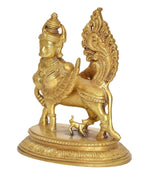 Brass Kamadhenu cow with wings idol, close side view with detailed engravings
