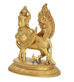 Brass Kamadhenu cow with wings idol, close side view with detailed engravings