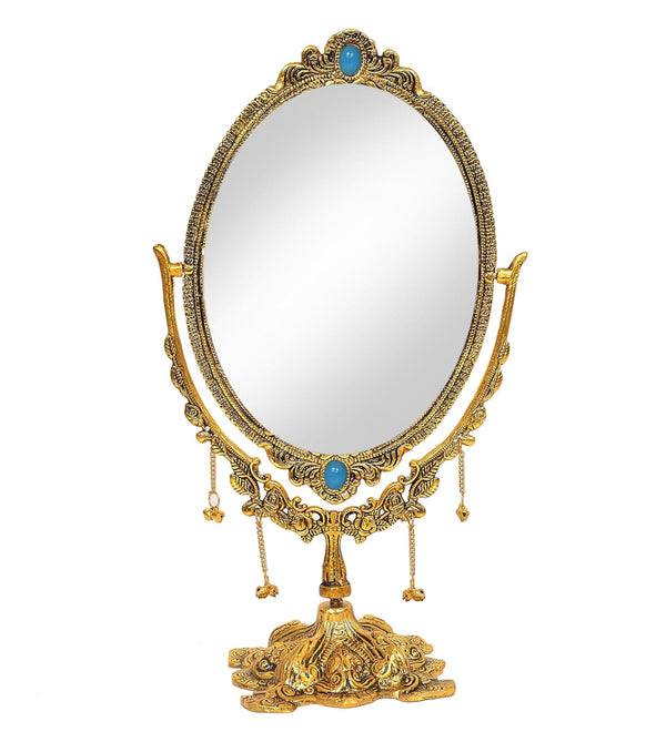 Metal Double Side Table Mirror Gold Plated Frame for Home Decor Room Table Showpiece (Height 8 Inch) Study Setting