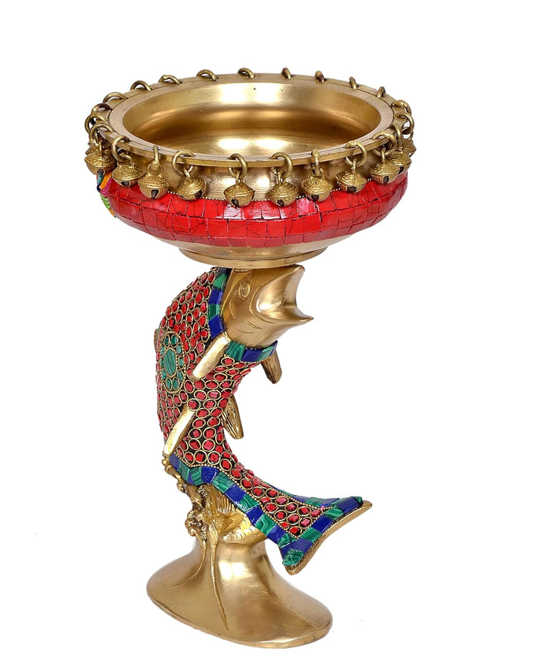 Brass Urli Bowl On The Fish Ethnic Design Urli Pot for Home Decor Floating Flowers Candle Lamps Temple Room Traditional Diwali Decoration Gift (Height: 11 Inch)